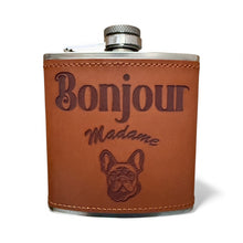 Load image into Gallery viewer, Bonjour Madame luxury  hip flask in tan pleather.